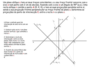 Um plano oblíquo  α  tem os seus traços coincidentes, e o seu traço frontal concorre com o eixo  x  num ponto com 2 cm de abcissa, fazendo com o eixo  x  um ângulo de 45º (a.e.). Uma recta oblíqua  r  contém o ponto  A  (0; 4; 4), e tem as suas projecções paralelas entre si, sendo a sua projecção frontal perpendicular ao traço frontal do plano  α . Determina as projecções do ponto de intersecção  I , entre a recta  r  e o plano  α .  f α  ≡  h α r 2   r 1   Utilizar o método geral de intersecção de uma recta com um plano: 1. Conduzir pela recta  r  um plano auxiliar vertical  γ   que contenha a recta  r ;  2. Determinar a recta de intersecção  i  entre os dois planos. Esta recta  i  e a recta dada  r  são complanares, pois estão ambas contidas no plano auxiliar  γ ; 3. O ponto de concorrência das duas rectas  I  é o ponto de intersecção da recta dada  r  com o plano dado  α . € ≡   h γ  f γ  ≡   i 1   i 2   x y   ≡  z A 1 A 2 H 2 H 1 F 2 F 1 I 2 I 1 