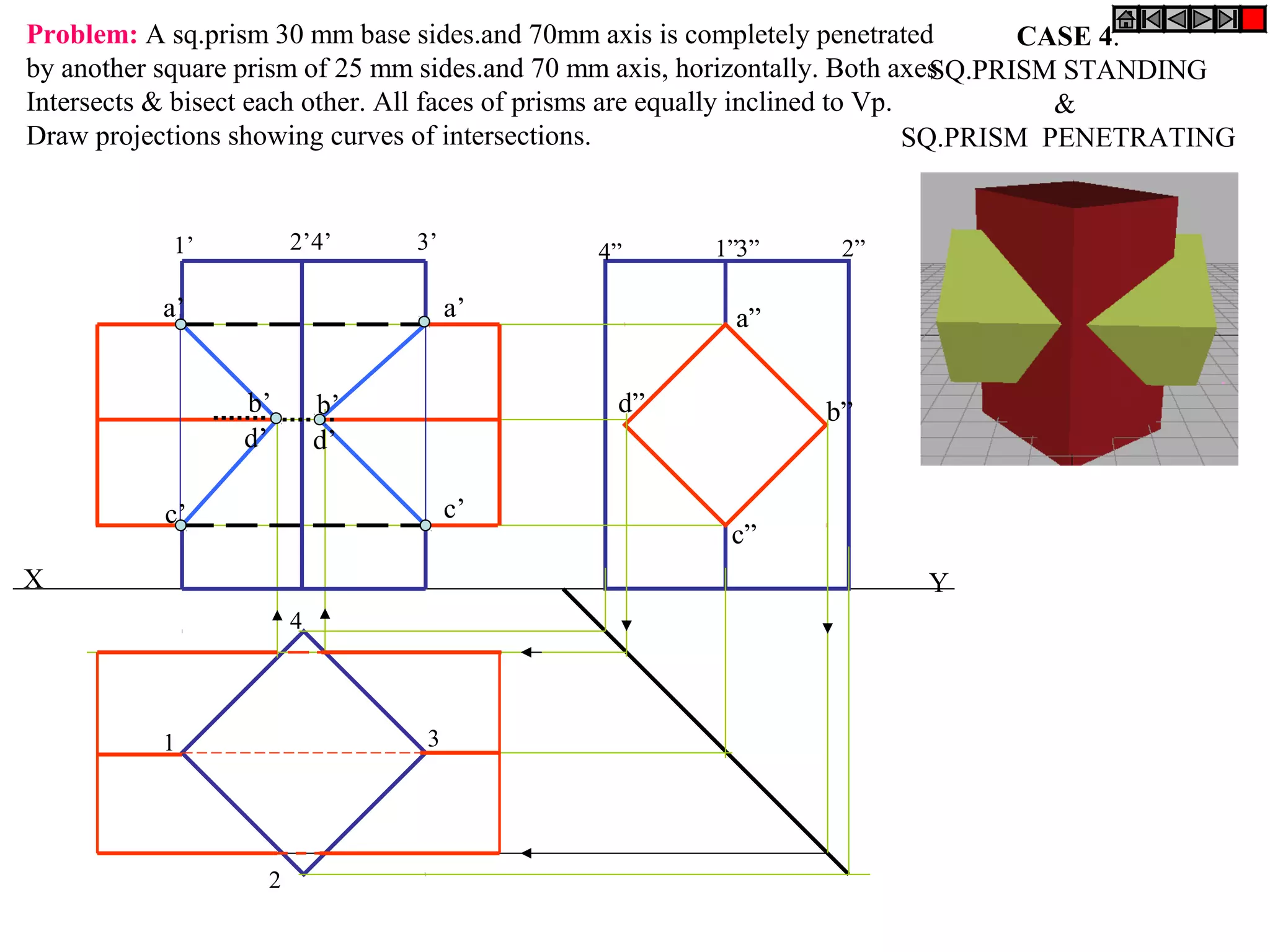 Problem: A sq.prism 30 mm base sides.and 70mm axis is completely penetrated
CASE 4.
by another square prism of 25 mm sides.and 70 mm axis, horizontally. Both axes
SQ.PRISM STANDING
Intersects & bisect each other. All faces of prisms are equally inclined to Vp.
&
Draw projections showing curves of intersections.
SQ.PRISM PENETRATING

2’4’

1’

3’

a’

4”

a’
b’
d’

1”3”

a”
d”

b’
d’
c’

c’
X

2”

b”

c”
Y

4

3

1

2

 