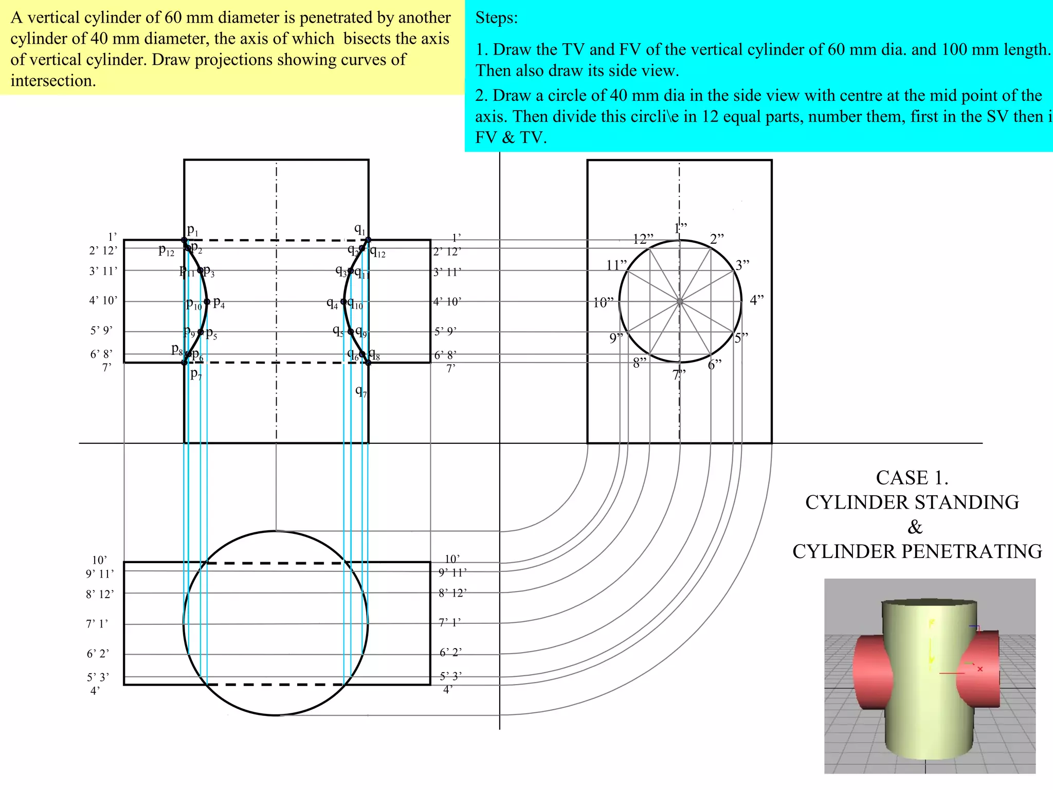 A vertical cylinder of 60 mm diameter is penetrated by another
cylinder of 40 mm diameter, the axis of which bisects the axis
of vertical cylinder. Draw projections showing curves of
intersection.

1’
2’ 12’
3’ 11’
4’ 10’
5’ 9’
6’ 8’
7’

p12

p1
p2
p11 p3
p10 p4

p9 p5
p8 p
6
p7

q1
q2 q12
q3 q11
q4 q10
q5 q9
q6 q8

1’
2’ 12’
3’ 11’
4’ 10’
5’ 9’
6’ 8’
7’

q7

10’
9’ 11’

10’
9’ 11’

8’ 12’

8’ 12’

7’ 1’

7’ 1’

6’ 2’

6’ 2’

5’ 3’
4’

5’ 3’
4’

Steps:

1. Draw the TV and FV of the vertical cylinder of 60 mm dia. and 100 mm length.
Then also draw its side view.
2. Draw a circle of 40 mm dia in the side view with centre at the mid point of the
axis. Then divide this circlie in 12 equal parts, number them, first in the SV then in
FV & TV.

12”

1”

2”

11”

3”
4”

10”
5”

9”
8”

7”

6”

CASE 1.
CYLINDER STANDING
&
CYLINDER PENETRATING

 