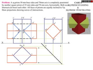 X Y
a”
d” b”
c”
a’
c’
a’
d’
b’
c’
d’
b’
1
2
3
4
1’ 2’4’ 3’ 4” 1”3” 2”
CASE 4.
SQ.PRISM STANDING
&
SQ.PRISM PENETRATING
Problem: A sq.prism 30 mm base sides.and 70mm axis is completely penetrated
by another square prism of 25 mm sides.and 70 mm axis, horizontally. Both axes
Intersects & bisect each other. All faces of prisms are equally inclined to Vp.
Draw projections showing curves of intersections.
 