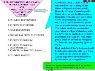 FOLLOWING CASES ARE SOLVED.
REFFER ILLUSTRATIONS
AND
NOTE THE COMMON
CONSTRUCTION
FOR ALL
1.CYLINDER TO CYLINDER2.
2.SQ.PRISM TO CYLINDER
3.CONE TO CYLINDER
4.TRIANGULAR PRISM TO CYLNDER
5.SQ.PRISM TO SQ.PRISM
6.SQ.PRISM TO SQ.PRISM
( SKEW POSITION)
7.SQARE PRISM TO CONE ( from top )
8.CYLINDER TO CONE
COMMON SOLUTION STEPS
One solid will be standing on HP
Other will penetrate horizontally.
Draw three views of standing solid.
Name views as per the illustrations.
Beginning with side view draw three
Views of penetrating solids also.
On it’s S.V. mark number of points
And name those(either letters or nos.)
The points which are on standard
generators or edges of standing solid,
( in S.V.) can be marked on respective
generators in Fv and Tv. And other
points from SV should be brought to
Tv first and then projecting upward
To Fv.
Dark and dotted line’s decision should
be taken by observing side view from
it’s right side as shown by arrow.
Accordingly those should be joined
by curvature or straight lines.
Note:
Incase cone is penetrating solid Side view is not necessary.
Similarly in case of penetration from top it is not
required.
 