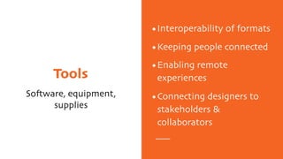 Tools
Software, equipment,
supplies
•Interoperability of formats
•Keeping people connected
•Enabling remote
experiences
•Connecting designers to
stakeholders &
collaborators
 