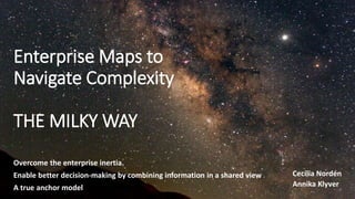 Enterprise Maps to
Navigate Complexity
THE MILKY WAY
Overcome the enterprise inertia.
Enable better decision-making by combining information in a shared view
A true anchor model
Cecilia Nordén
Annika Klyver
 