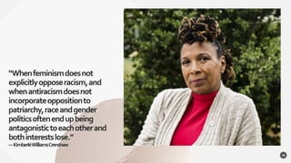 “Whenfeminismdoesnot
explicitlyopposeracism,and
whenantiracismdoesnot
incorporateoppositionto
patriarchy,raceandgender
politicsoftenendupbeing
antagonistictoeachotherand
bothinterestslose.”
—KimberléWilliamsCrenshaw
18
 