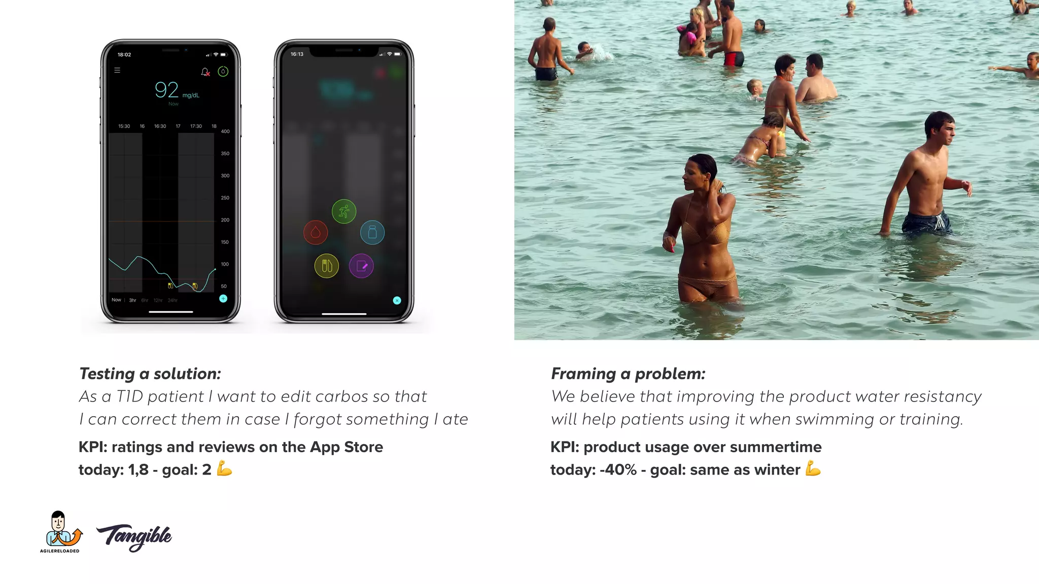 Framing a problem:
We believe that improving the product water resistancy
will help patients using it when swimming or training.
KPI: product usage over summertime
today: -40% - goal: same as winter 💪
Testing a solution:
As a T1D patient I want to edit carbos so that
I can correct them in case I forgot something I ate
KPI: ratings and reviews on the App Store
today: 1,8 - goal: 2 💪
 