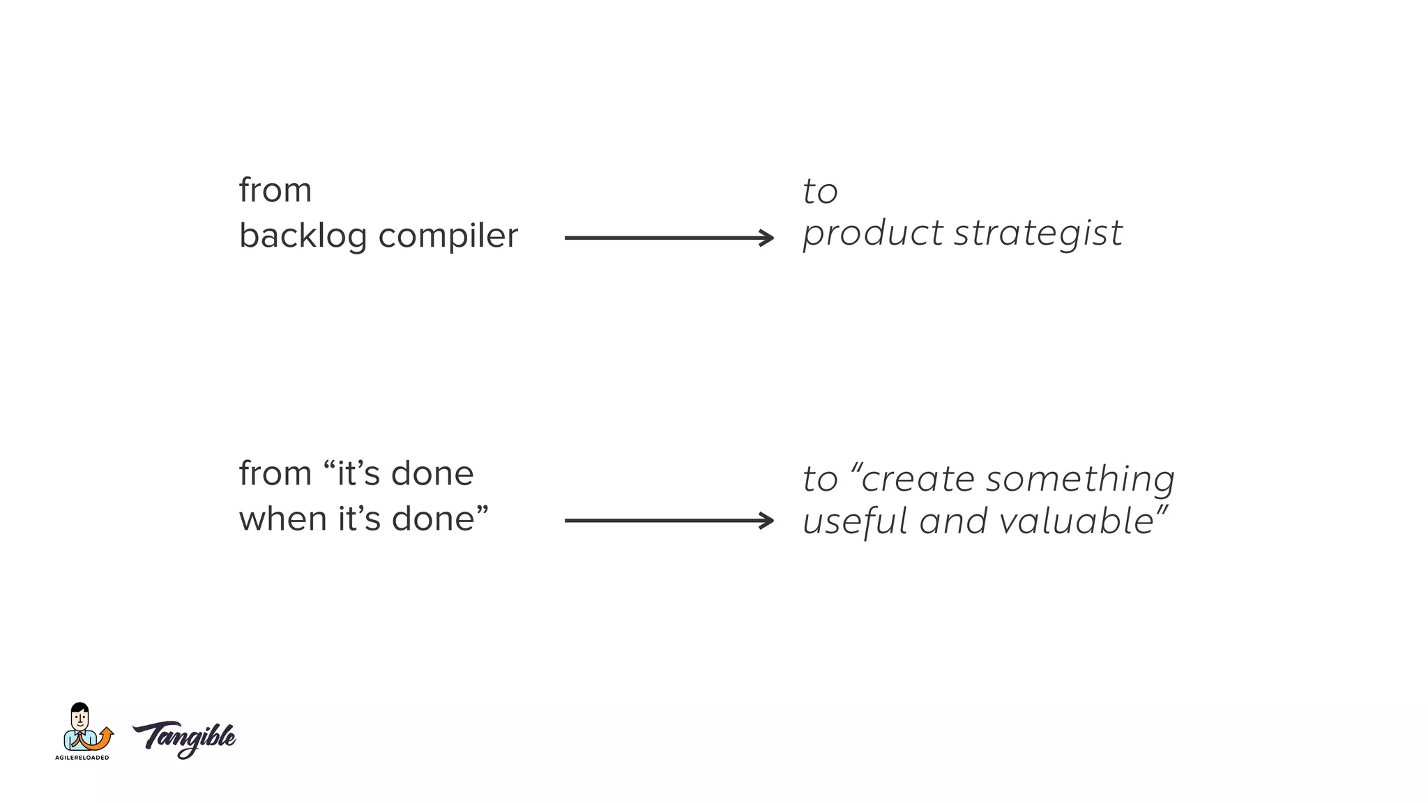 from
backlog compiler
from “it’s done
when it’s done”
to
product strategist
to “create something
useful and valuable”
 