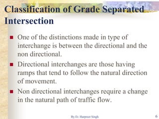 Classification of Grade Separated
Intersection
 One of the distinctions made in type of
interchange is between the directional and the
non directional.
 Directional interchanges are those having
ramps that tend to follow the natural direction
of movement.
 Non directional interchanges require a change
in the natural path of traffic flow.
6By Er. Harpreet Singh
 