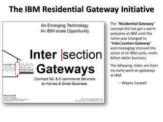 The IBM Residential Gateway Initiative
                          The “Residential Gateway”
                          concept did not get a warm
                          welcome at IBM until the
                          name was changed to
                          “Inter|section Gateway”
                          and messaging stressed the
                          vision of an IBM-scale, multi-
                          billion dollar business.
                          The following slides are from
                          my early work on gateways
                          at IBM.
                               -- Wayne Caswell
 