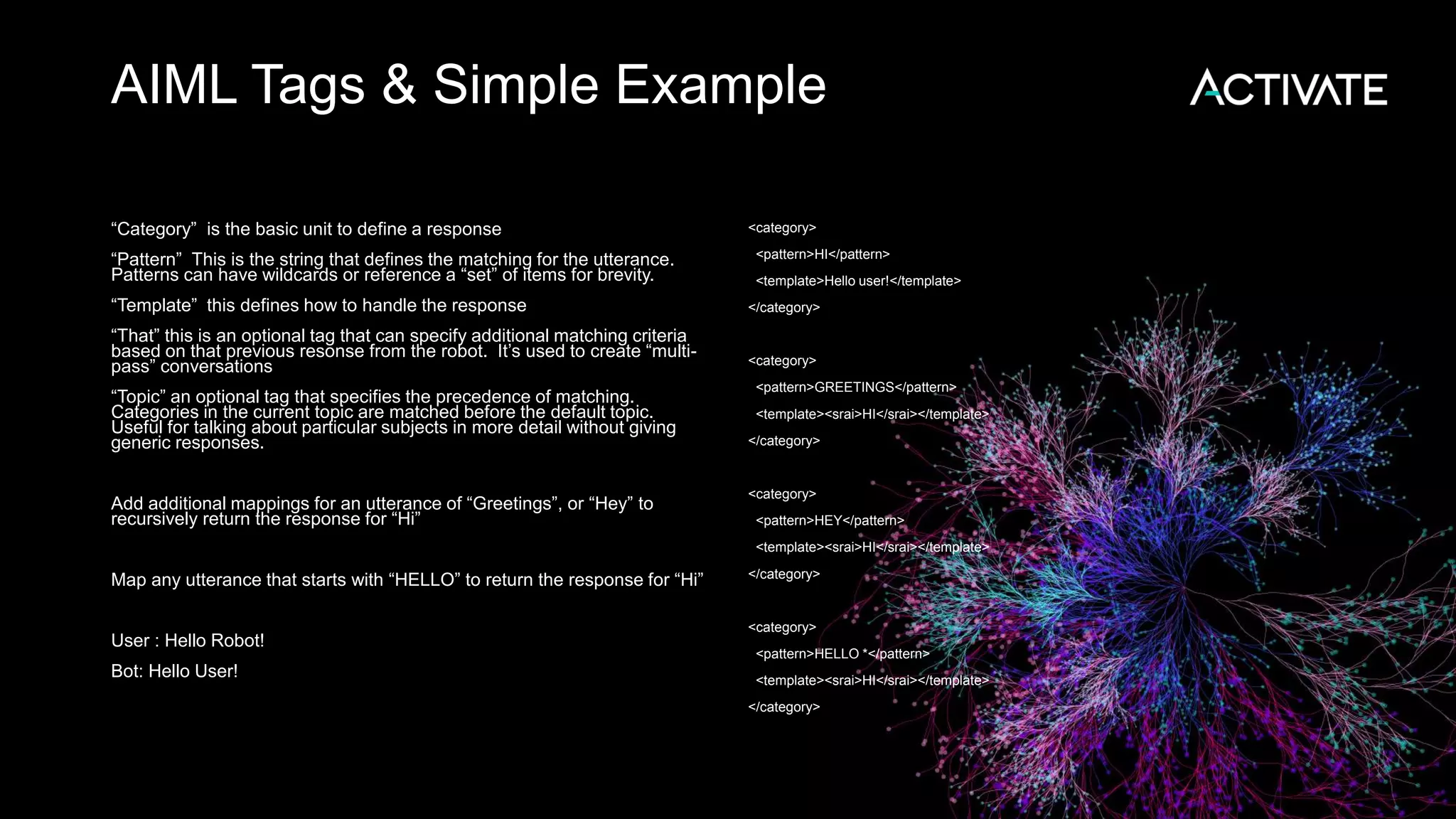 AIML Tags & Simple Example “Category” is the basic unit to define a response “Pattern” This is the string that defines the matching for the utterance. Patterns can have wildcards or reference a “set” of items for brevity. “Template” this defines how to handle the response “That” this is an optional tag that can specify additional matching criteria based on that previous resonse from the robot. It’s used to create “multi- pass” conversations “Topic” an optional tag that specifies the precedence of matching. Categories in the current topic are matched before the default topic. Useful for talking about particular subjects in more detail without giving generic responses. Add additional mappings for an utterance of “Greetings”, or “Hey” to recursively return the response for “Hi” Map any utterance that starts with “HELLO” to return the response for “Hi” User : Hello Robot! Bot: Hello User! <category> <pattern>HI</pattern> <template>Hello user!</template> </category> <category> <pattern>GREETINGS</pattern> <template><srai>HI</srai></template> </category> <category> <pattern>HEY</pattern> <template><srai>HI</srai></template> </category> <category> <pattern>HELLO *</pattern> <template><srai>HI</srai></template> </category> 