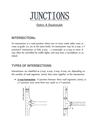 Oshin A Deshmukh
INTERSECTIONs:
An intersection is a road junction where two or more roads either meet or
cross at grade (i.e. are at the same level). An intersection may be 3-way, a T
junction/T intersection or fork, 4-way – a crossroads, or 5-way or more. It
may often be controlled by traffic lights, and may have a roundabout or an
island.
TYPES OF INTERSECTIONS:
Intersections are classified as 3-way, 4-way, 5-way, 6-way, etc. depending on
the number of road segments (arms) that come together at the intersection.
 3-way intersection - A junction between three road segments (arms), is
a T junction (two arms form one road) or a Y junction.
 