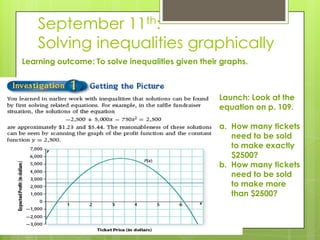 September 11th:
Solving inequalities graphically
Learning outcome: To solve inequalities given their graphs.
Launch: Look at the
equation on p. 109.
a. How many tickets
need to be sold
to make exactly
$2500?
b. How many tickets
need to be sold
to make more
than $2500?
 