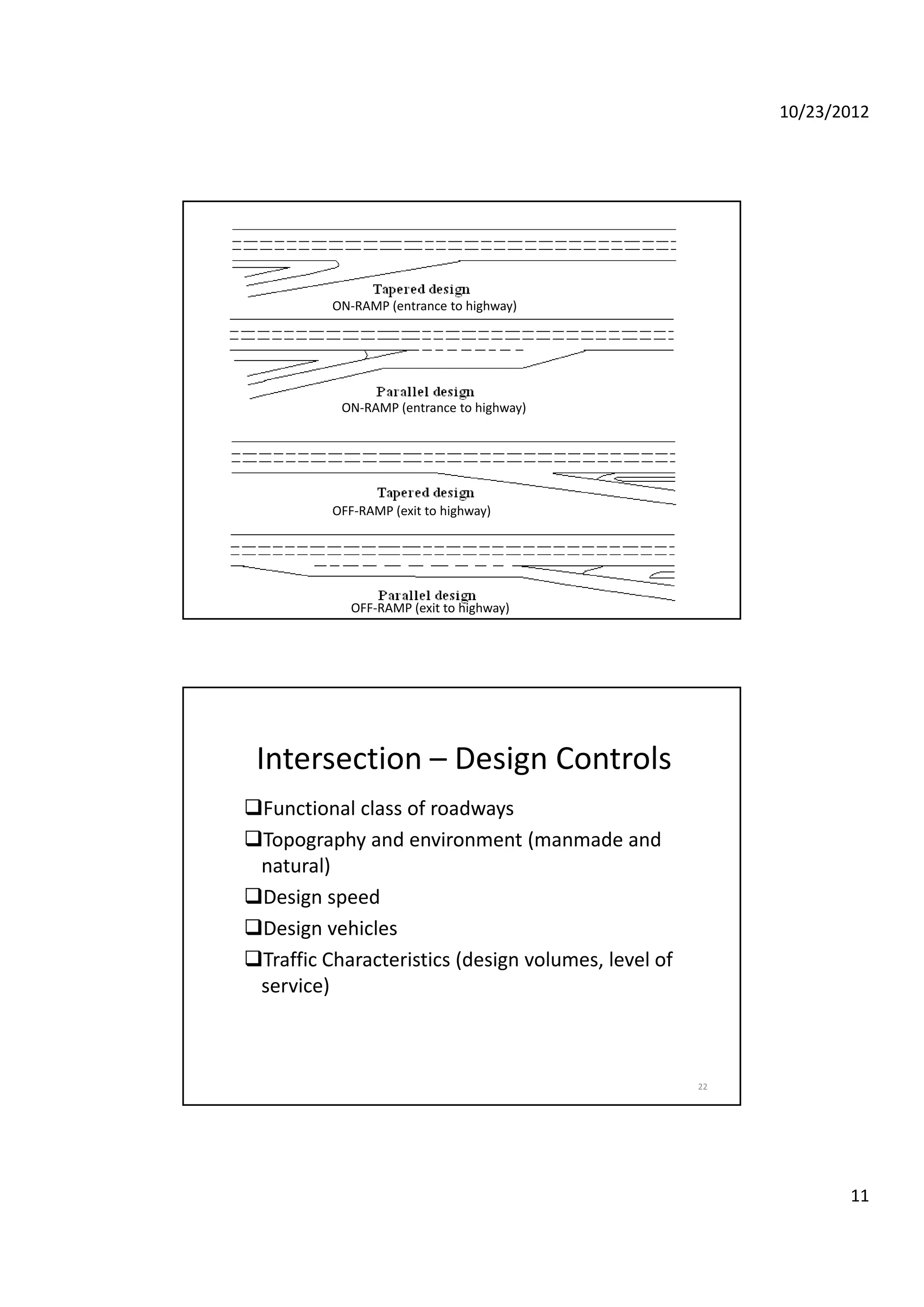 10/23/2012
11
ON‐RAMP (entrance to highway)
ON‐RAMP (entrance to highway)
OFF‐RAMP (exit to highway)
OFF‐RAMP (exit to highway)
Intersection – Design Controls
Functional class of roadways
Topography and environment (manmade and 
natural)
Design speed
Design vehicles
Traffic Characteristics (design volumes, level of
22
Traffic Characteristics (design volumes, level of 
service) 
 