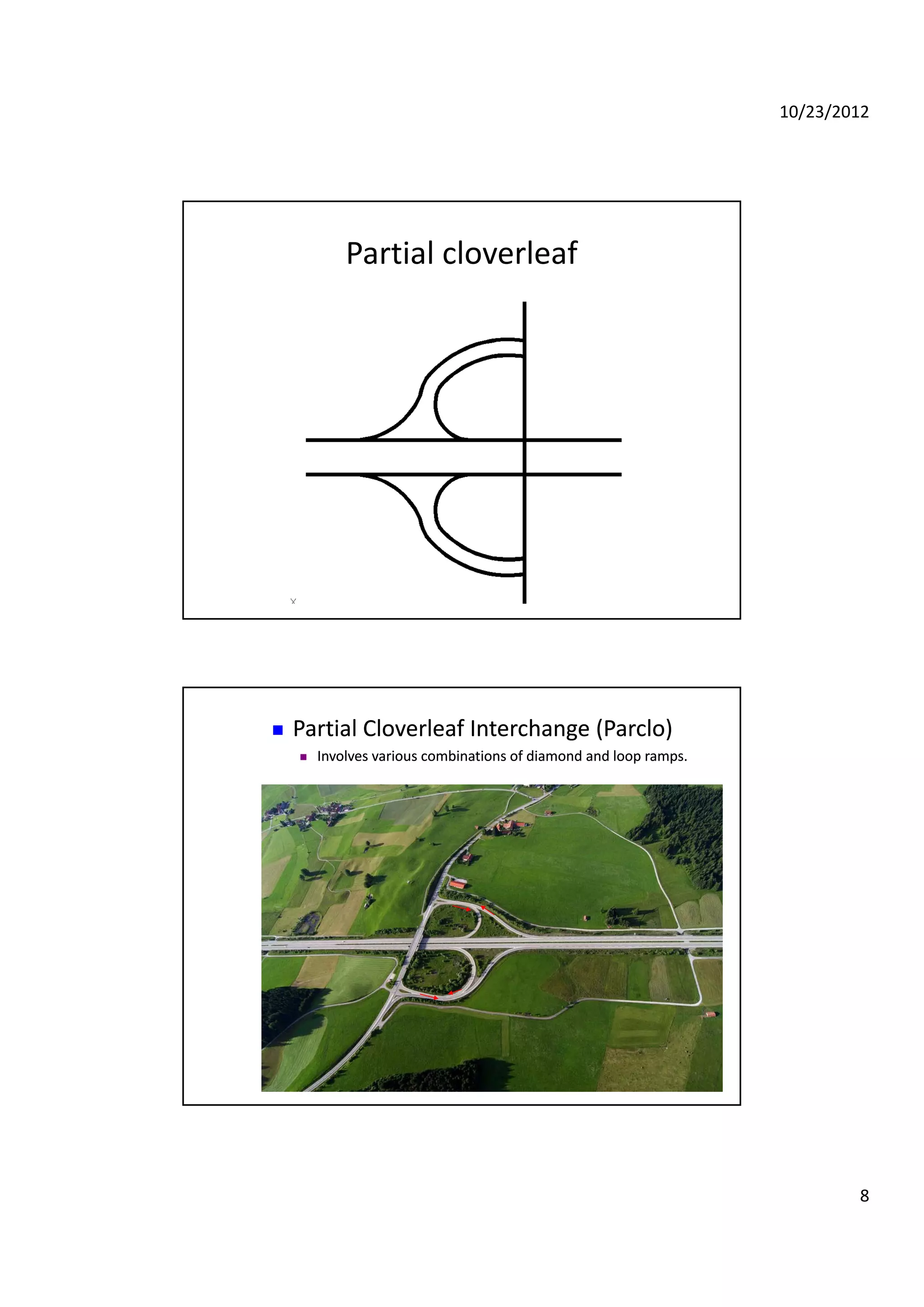 10/23/2012
8
Partial cloverleaf
 Partial Cloverleaf Interchange (Partial Cloverleaf Interchange (ParcloParclo))
 Involves various combinations of diamond and loop ramps.Involves various combinations of diamond and loop ramps.
 