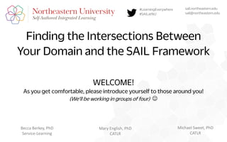 Finding the Intersections Between
Your Domain and the SAIL Framework
sail.northeastern.edu
sail@northeastern.edu
Becca Berkey, PhD
Service-Learning
Mary English, PhD
CATLR
Michael Sweet, PhD
CATLR
WELCOME!
As you get comfortable, please introduce yourself to those around you!
(We’ll be working in groups of four) 
#LearningEverywhere
#SAILatNU
 