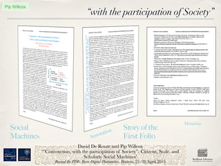 First	
  Folio	
  Social	
  Machines	
  
Metadata
Story of the
First Folio
Social
Machines Annotation
David De Roure and Pip Willcox
‘“Coniunction, with the participation of Society”: Citizens, Scale, and
Scholarly Social Machines’
Beyond the PDF: Born-Digital Humanities, Boston, 27–28 April 2015
Pip Willcox
 