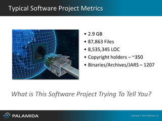 Typical Software Project Metrics


                         • 2.9 GB
                         • 87,863 Files
                         • 8,535,345 LOC
                         • Copyright holders – ~350
                         • Binaries/Archives/JARS – 1207




What is This Software Project Trying To Tell You?

                                             Copyright © 2012 Palamida, Inc.
 