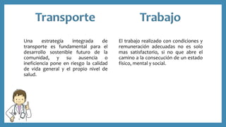Una estrategia integrada de
transporte es fundamental para el
desarrollo sostenible futuro de la
comunidad, y su ausencia o
ineficiencia pone en riesgo la calidad
de vida general y el propio nivel de
salud.
El trabajo realizado con condiciones y
remuneración adecuadas no es solo
mas satisfactorio, si no que abre el
camino a la consecución de un estado
físico, mental y social.
 