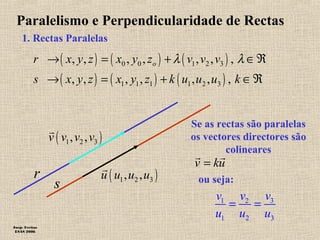 Paralelismo e Perpendicularidade de Rectas
    1. Rectas Paralelas
           r → ( x, y , z ) = ( x0 , y0 , zo ) + λ ( v1 , v2 , v3 ) , λ ∈ℜ
           s → ( x, y , z ) = ( x1 , y1 , z1 ) + k ( u1 , u2 , u3 ) , k ∈ℜ


                                                      Se as rectas são paralelas
                r
                v ( v1 , v2 , v3 )                    os vectores directores são
                                                              colineares
                                                       r    r
                                 r                     v = ku
           r                     u ( u1 , u2 , u3 )     ou seja:
                 s
                                                            v1 v2 v3
                                                              = =
                                                            u1 u2 u3
Jorge Freitas
 ESAS 2006
 