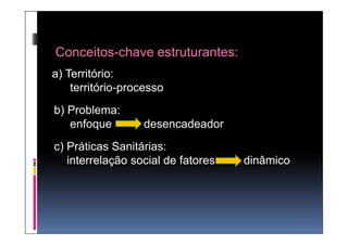 Conceitos-chave estruturantes:
a) Território:
    território-processo
b) Problema:
   enfoque        desencadeador
c) Práticas Sanitárias:
   interrelação social de fatores   dinâmico
 
