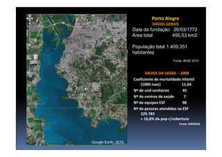 Porto Alegre
                               DADOS GERAIS
                     Data da fundação 26/03/1772
                     Área total       495,53 km2

                     População total 1.409.351
                     habitantes
                                           Fonte: IBGE 2010


                           DADOS DA SAÚDE – 2008
                     Coeficiente de mortalidade infantil
                         (1000 nasc)            11,64
                     Nº de und sanitárias        45
                     Nº de centros de saúde       7
                     Nº de equipes ESF          98
                     Nº de pessoas atendidas na ESF
                         229.783
                         = 16,8% da pop c/cobertura
                                               Fonte: DATASUS




Google Earth, 2010
 