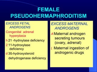 FEMALE PSEUDOHERMAPHRODITISM EXCESS FETAL  ANDROGENS Congenital  adrenal  hyperplasia     21 -hydrxylase deficiency    11-hydroxylase  deficiency    3ß-hydroxysteroid dehydrogenase deficiency EXCESS MATERNAL ANDROGENS    Maternal androgen secreting tumours (ovary, adrenal)    Maternal ingestion of androgenic drugs 