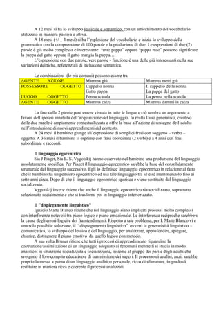 A 12 mesi si ha lo sviluppo lessicale e semantico, con un arricchimento del vocabolario
utilizzato in maniera passiva e attiva.
A 18 mesi (+/ _ 4 mesi) si ha l’esplosione del vocabolario e inizia lo sviluppo della
grammatica con la comprensione di 100 parole e la produzione di due. Le espressioni di due (2)
parole è già molto complessa e interessante: “mao pappa” oppure “pappa mao” possono significare
la pappa del gatto oppure il gatto mangia la pappa….
L’espressione con due parole, vere parole - funzione è una delle più interessanti nella sue
variazioni deittiche, referenziali di inclusione semantica.
Le combinazioni (le più comuni) possono essere tra
AGENTE AZIONE Mamma giù Mamma metti giù
POSSESSORE OGGETTO Cappello nonna
Gatto pappa
Il cappello della nonna
La pappa del gatto
LUOGO OGGETTO Penna scatola La penna nella scatola
AGENTE OGGETTO Mamma calza Mamma dammi la calza
La fase delle 2 parole pare essere vissuta in tutte le lingue e ciò sembra un argomento a
favore dell’ipotesi innatista dell’acquisizione del linguaggio. In realtà l’uso generativo, creativo
delle due parole è ampiamente contestualizzata e offre la base all’azione di sostegno dell’adulto
nell’introduzione di nuovi apprendimenti dal contesto.
A 24 mesi il bambino giunge all’espressione di semplici frasi con soggetto – verbo –
oggetto. A 36 mesi il bambino si esprime con frasi coordinate (2 verbi) e a 4 anni con frasi
subordinate e racconti.
Il linguaggio egocentrico
Sia J Piaget, Sia L. S. Vygotskij hanno osservato nel bambino una produzione del linguaggio
assolutamente specifica. Per Piaget il linguaggio egocentrico sarebbe la base del consolidamento
strutturale del linguaggio successivo. Egli lo definisce linguaggio egocentrico in relazione al fatto
che il bambino ha un pensiero egocentrico ed usa tale linguaggio tra sé e sé mantenendolo fino ai
sette anni circa. Dopo di che il linguaggio egocentrico sparisce e viene sostituito dal linguaggio
socializzato.
Vygotskij invece ritiene che anche il linguaggio egocentrico sia socializzato, soprattutto
selezionato socialmente e che si trasformi poi in linguaggio interiorizzato.
Il "dispiegamento linguistico"
Ignacio Matte Blanco ritiene che nel linguaggio siano implicati processi molto complessi
con interferenze notevoli tra piano logico e piano emozionale. Le interferenza reciproche sarebbero
la causa degli errori logici e dei fraintendimenti. Rispetto a tale problema, per I. Matte Blanco vi è
una sola possibile soluzione, il “ dispiegamento linguistico”, ovvero la generatività linguistico –
comunicativa, lo sviluppo del lessico e del linguaggio, per analizzare, approfondire, spiegare,
chiarire, distinguere il piano emotivo da quello logico con metodo.
A sua volta Bruner ritiene che tutti i processi di apprendimento riguardino la
costruzione/assimilazione di un linguaggio adeguato ai fenomeni mentre li si studia in modo
analitico, in situazione socializzata e socializzante, insieme al gruppo dei pari e degli adulti che
svolgono il loro compito educativo e di trasmissione dei saperi. Il processo di analisi, anzi, sarebbe
proprio la messa a punto di un linguaggio analitico personale, ricco di sfumature, in grado di
restituire in maniera ricca e coerente il processi analizzati.
 