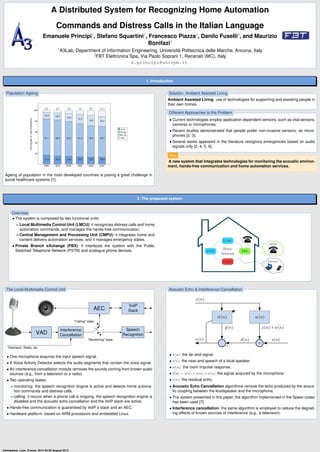 A Distributed System for Recognizing Home Automation
Commands and Distress Calls in the Italian Language
Emanuele Principi1
, Stefano Squartini1
, Francesco Piazza1
, Danilo Fuselli2
, and Maurizio
Bonifazi2
1A3Lab, Department of Information Engineering, Universit`a Politecnica delle Marche, Ancona, Italy
2FBT Elettronica Spa, Via Paolo Soprani 1, Recanati (MC), Italy
e.principi@univpm.it
1. Introduction
Ageing of population in the most developed countries is posing a great challenge in
social healthcare systems [1].
Population Ageing
Ambient Assisted Living: use of technologies for supporting and assisting people in
their own homes.
Solution: Ambient Assisted Living
• Current technologies employ application dependent sensors, such as vital sensors,
cameras or microphones.
• Recent studies demonstrated that people prefer non-invasive sensors, as micro-
phones [2, 3].
• Several works appeared in the literature recognize emergencies based on audio
signals only [2, 4, 5, 6].
Different Approaches to the Problem
A new system that integrates technologies for monitoring the acoustic environ-
ment, hands-free communication and home automation services.
Idea
2. The proposed system
• The system is composed by two functional units:
– Local Multimedia Control Unit (LMCU): it recognizes distress calls and home
automation commands, and manages the hands-free communication.
– Central Management and Processing Unit (CMPU): it integrates home and
content delivery automation services, and it manages emergency states.
• Private Branch eXchange (PBX): it interfaces the system with the Public
Switched Telephone Network (PSTN) and analogue phone devices.
Internet
Tuesday
9
SMS
73
-+
x
cingular
9:41
AM
iPod
Web
Mail
Phone
Settings
Notes
Calculato
r
Clock
YouTube
Stocks
Maps
Weather
Camera
Photos
Calenda
r
Text
Tuesday
9
SMS
73
-+
x
cingular
9:41
AM
iPod
Web
Mail
Phone
Settings
Notes
Calculato
r
Clock
YouTube
Stocks
Maps
Weather
Camera
Photos
Calenda
r
Text
CMPU
PBX
LCMU
LCMU
Home
Network
PSTN
Overview
VoIP
Stack
VAD
Interference
Cancellation
Speech
Recognition
"Monitoring"Estate
"Calling"Estate
Television,ERadio,Eetc.
AEC
• One microphone acquires the input speech signal.
• A Voice Activity Detector selects the audio segments that contain the voice signal.
• An interference cancellation module removes the sounds coming from known audio
sources (e.g., from a television or a radio).
• Two operating states:
– monitoring: the speech recognition engine is active and detects home automa-
tion commands and distress calls.
– calling: it occurs when a phone call is ongoing, the speech recognition engine is
disabled and the acoustic echo cancellation and the VoIP stack are active.
• Hands-free communication is guaranteed by VoIP a stack and an AEC.
• Hardware platform: based on ARM processors and embedded Linux.
The Local Multimedia Control Unit
• x(n): the far-end signal.
• s(n): the near-end speech of a local speaker.
• w(n): the room impulse response.
• d(n) = s(n) + w(n) ∗ x(n): the signal acquired by the microphone.
• e(n): the residual echo.
• Acoustic Echo Cancellation algorithms remove the echo produced by the acous-
tic coupling between the loudspeaker and the microphone.
• The system presented in this paper, the algorithm implemented in the Speex codec
has been used [7].
• Interference cancellation: the same algorithm is employed to reduce the degrad-
ing effects of known sources of interference (e.g., a television).
Acoustic Echo & Interference Cancellation
Interspeech, Lyon, France, 2013 25-29 August 2013
 