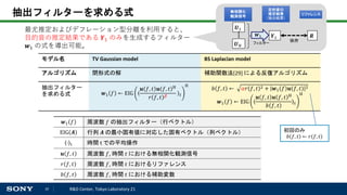 10 R&D Center, Tokyo Laboratory 21
抽出フィルターを求める式
モデル名 TV Gaussian model BS Laplacian model
アルゴリズム 閉形式の解 補助関数法[29] による反復アルゴリズム
抽出フィルター
を求める式 𝒘𝒘1 𝑓𝑓 ← EIG
𝒖𝒖 𝑓𝑓, 𝑡𝑡 𝒖𝒖 𝑓𝑓, 𝑡𝑡 H
𝑟𝑟 𝑓𝑓, 𝑡𝑡 𝛽𝛽 𝑡𝑡
H
𝑏𝑏 𝑓𝑓, 𝑡𝑡 ← 𝛼𝛼𝑟𝑟 𝑓𝑓, 𝑡𝑡 2 + 𝒘𝒘1 𝑓𝑓 𝒖𝒖 𝑓𝑓, 𝑡𝑡 2
𝒘𝒘1 𝑓𝑓 ← EIG
𝒖𝒖 𝑓𝑓, 𝑡𝑡 𝒖𝒖 𝑓𝑓, 𝑡𝑡 H
𝑏𝑏 𝑓𝑓, 𝑡𝑡 𝑡𝑡
H
𝒘𝒘1 𝑓𝑓 周波数 𝑓𝑓 の抽出フィルター（行ベクトル）
EIG 𝑨𝑨 行列 𝑨𝑨 の最小固有値に対応した固有ベクトル（列ベクトル）
� 𝑡𝑡 時間 t での平均操作
𝒖𝒖 𝑓𝑓, 𝑡𝑡 周波数 𝑓𝑓, 時間 𝑡𝑡 における無相関化観測信号
𝑟𝑟 𝑓𝑓, 𝑡𝑡 周波数 𝑓𝑓, 時間 𝑡𝑡 におけるリファレンス
𝑏𝑏 𝑓𝑓, 𝑡𝑡 周波数 𝑓𝑓, 時間 𝑡𝑡 における補助変数
最尤推定およびデフレーション型分離を利用すると、
目的音の推定結果である 𝒀𝒀1 のみを生成するフィルター
𝒘𝒘1 の式を導出可能。
𝒀𝒀1 𝑹𝑹
目的音の
推定結果
（抽出結果）
リファレンス
依存
𝑼𝑼1
𝑼𝑼𝑁𝑁
無相関化
観測信号
𝒘𝒘1
フィルター
初回のみ
𝑏𝑏 𝑓𝑓, 𝑡𝑡 ← 𝑟𝑟 𝑓𝑓, 𝑡𝑡
 