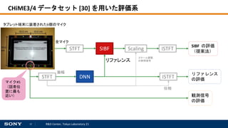 12 R&D Center, Tokyo Laboratory 21
CHiME3/4 データセット [30] を用いた評価系
STFT SIBF Scaling ISTFT
DNN ISTFTSTFT
SIBF の評価
（提案法）
リファレンス
の評価
観測信号
の評価
全マイク
マイク#5
（話者位
置に最も
近い）
リファレンス
スケール調整
の参照信号
位相
タブレット端末に装着された6個のマイク
振幅
 