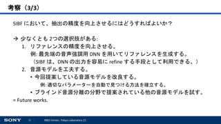 21 R&D Center, Tokyo Laboratory 21
考察（3/3）
SIBF において、抽出の精度を向上させるにはどうすればよいか？
 少なくとも 2つの選択肢がある:
1. リファレンスの精度を向上させる。
例: 最先端の音声強調用 DNN を用いてリファレンスを生成する。
（SIBF は、DNN の出力を容易に refine する手段として利用できる。）
2. 音源モデルを工夫する。
• 今回提案している音源モデルを改良する。
例: 適切なパラメーターを自動で見つける方法を確立する。
• ブラインド音源分離の分野で提案されている他の音源モデルを試す。
= Future works.
 
