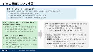5 R&D Center, Tokyo Laboratory 21
SIBF の概略について補足
なぜ、ビームフォーマー（BF）なのか？
 BF は線形フィルターの一種であり、線形フィルターには以下の利点がある。
1. 非線形な歪みの問題を回避できる。[6, 7]
2. マイクを増やすことで抽出精度の向上が容易。[8, 9]
3. 適切な位相やスケールを推定するのが容易。[10, 11]
なぜ、リファレンスとしてラフな振幅スペクト
ログラムを用いるのか？
 振幅スペクトログラムは様々な方式（DNN を
含む）で生成可能であり、複素スペクトログ
ラムや時間周波数マスクより入手が容易。
「ラフ」とはどういう意味か？
1. 目的音が優勢であるが、妨害音も残っている。
あるいは、妨害音を除去した副作用で、目的
音が歪んでいる。
2. さらに、振幅スペクトログラムなので、位相
の情報を含んでいない。
DNN の出力を SIBF で refine するという使い方を想定している
が、そのためには以下を保証する必要がある。
• SIBF による抽出結果がリファレンスより高精度
（以降、“抽出結果 ＞ リファレンス” と表記する）
本論文は、“抽出結果 ＞ リファレンス” をキーコンセプトと
して構成されている。
理論面: “抽出結果 ＞ リファレンス” を実現するために新
たな枠組みを考案した。
実践面: “抽出結果 ＞ リファレンス” が本当に実現されて
いることを確認するために実験を行なった。
 
