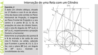 GEOMETRIA
DESCRITIVA-A
Exercício_2
É dado um cilindro oblíquo, situado
no 1º Diedro e com 8 cm de altura.
Uma das bases está contida no Plano
Horizontal de Projeção, é tangente
ao Plano Frontal de Projeção e o seu
centro é o ponto O (2; 3; 0). As
projeções do eixo do cilindro fazem,
com o eixo X, ângulos de 70º (a.d.) e
30º (a.d.), respetivamente a projeção
frontal e a horizontal.
Determine as projeções dos pontos E
e S de entrada e de saída de uma
reta f, frontal, no sólido, sabendo
que f contém o ponto A (–3; 5; 2) e
faz, com o plano XY (ν0), um ângulo
de 30º (a.e.). Assinale as
invisibilidades da reta.
Interseção de uma Reta com um Cilindro
 