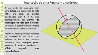 A interseção de uma reta com
uma Esfera é o segmento de reta
[XY]. Ou seja, os pontos
designados por X e Y, que
correspondem aos pontos de
interseção da reta com o sólido.
Contudo, é bastante mais simples
do que nas situações anteriores.
Interseção de uma Reta com uma Esfera
GEOMETRIA
DESCRITIVA-A
Assim, na resolução de problemas
de intersecção de retas com
esferas é basta ter sempre
presente que qualquer plano
secante à esfera secciona o
sólido segundo uma
circunferência.
r
X
Y
O
 