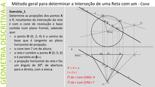Método geral para determinar a Interseção de uma Reta com um - Cone
GEOMETRIA
DESCRITIVA-A
Exercício_1
Determine as projeções dos pontos X
e Y, resultantes da interseção da reta
r com o cone de revolução e base
contida num plano frontal, sabendo
que:
– o ponto O (0; 2; 4) é o centro da
base que é tangente ao plano
horizontal de projeção;
– o cone tem 7 cm de altura;
– a reta r contém o ponto R (0; 5; 6)
e é paralela ao β2.4;
– a projeção horizontal da reta r faz
um ângulo de 30º, de abertura
para a direita, com o eixo x.
X
O2
O1
V1
≡V2
I’1
(hϕ)
P2
r2
P1
s2
s1
r1
I’2
R2
N2
M2
i2
I2
I1
X1
Y1
M1 N1
R1
Y2
X2
≡i1
P + V = s
I + I’= i
ꓵ de r com [VM]= X
ꓵ de r com [VN]= Y
 