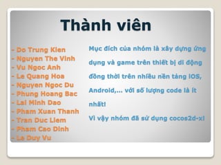 - Do Trung Kien
- Nguyen The Vinh
- Vu Ngoc Anh
- Le Quang Hoa
- Nguyen Ngoc Du
- Phung Hoang Bac
- Lai Minh Dao
- Pham Xuan Thanh
- Tran Duc Liem
- Pham Cao Dinh
- Le Duy Vu
Thành viên
Mục đích của nhóm là xây dựng ứng
dụng và game trên thiết bị di động
đồng thời trên nhiều nền tảng iOS,
Android,… với số lượng code là ít
nhất!
Vì vậy nhóm đã sử dụng cocos2d-x!
 
