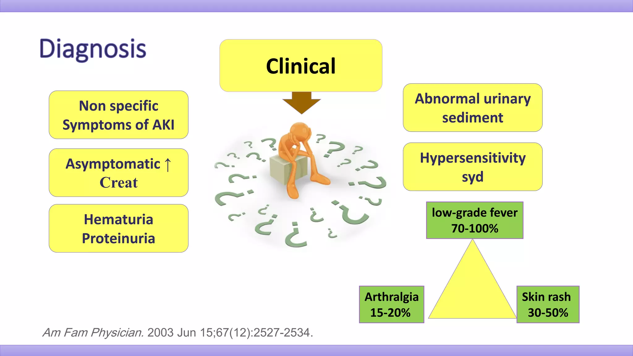 Clinical
Non specific
Symptoms of AKI
Asymptomatic ↑
Creat
Abnormal urinary
sediment
Hypersensitivity
syd
low-grade fever
70-100%
Skin rash
30-50%
Arthralgia
15-20%
Am Fam Physician. 2003 Jun 15;67(12):2527-2534.
Hematuria
Proteinuria
 