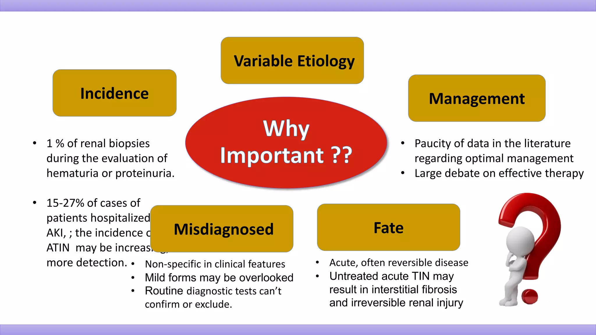 Incidence
• 1 % of renal biopsies
during the evaluation of
hematuria or proteinuria.
• 15-27% of cases of
patients hospitalized for
AKI, ; the incidence of
ATIN may be increasing;
more detection.
Misdiagnosed
• Non-specific in clinical features
• Mild forms may be overlooked
• Routine diagnostic tests can’t
confirm or exclude.
Variable Etiology
Management
• Paucity of data in the literature
regarding optimal management
• Large debate on effective therapy
Fate
• Acute, often reversible disease
• Untreated acute TIN may
result in interstitial fibrosis
and irreversible renal injury
 