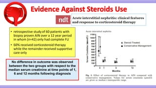 • retrospective study of 60 patients with
biopsy proven AIN over a 12 year period
in whom (n=42) only had complete FU
• 60% received corticosteroid therapy
while the remainder received supportive
care only
No difference in outcome was observed
between the two groups with respect to the
median serum creatinine at time points of 1,
6 and 12 months following diagnosis
 