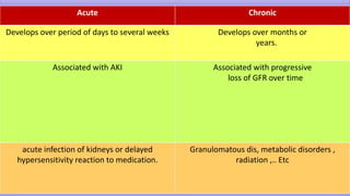 Acute Chronic
Develops over period of days to several weeks Develops over months or
years.
Associated with AKI Associated with progressive
loss of GFR over time
acute infection of kidneys or delayed
hypersensitivity reaction to medication.
Granulomatous dis, metabolic disorders ,
radiation ,.. Etc
 