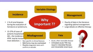 Incidence
• 1 % of renal biopsies
during the evaluation of
hematuria or proteinuria.
• 15-27% of cases of
patients hospitalized for
AKI, ; the incidence of
ATIN may be increasing;
more detection.
Misdiagnosed
• Non-specific in clinical features
• Mild forms may be overlooked
• Routine diagnostic tests can’t
confirm or exclude.
Variable Etiology
Management
• Paucity of data in the literature
regarding optimal management
• Large debate on effective therapy
Fate
• Acute, often reversible disease
• Untreated acute TIN may
result in interstitial fibrosis
and irreversible renal injury
 