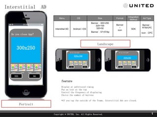 Interstitial AD
Menu

OS

Interstitial AD

Size

Android / iOS

Banner300250
320100
32050
Banner5757dip

Do you close App?

Format
Banner

icon

Do you close App?

YES

text

YES

Banner
RTB/CPC
IconCPC

Do you close App?

320x100

text

SDK

Ad Type

Landscape

300x250

text

Integration
Method

320x50

NO

YES

NO

text

NO

feature
Display at unfettered timing
Put an text at the top
Control the frequency of displaying
Choice the number of buttons
*If you tap the outside of the frame, Interstitial Ads are closed.

Portrait
Copyright ? UNITED, Inc. All Rights Reserved.

1

 