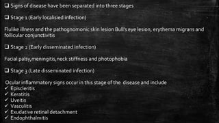  Signs of disease have been separated into three stages
 Stage 1 (Early localisied infection)
Flulike illness and the pathognomonic skin lesion Bull’s eye lesion, erythema migrans and
follicular conjunctivitis
 Stage 2 (Early disseminated infection)
Facial palsy,meningitis,neck stiffness and photophobia
 Stage 3 (Late disseminated infection)
Ocular inflammatory signs occur in this stage of the disease and include
 Episcleritis
 Keratitis
 Uveitis
 Vasculitis
 Exudative retinal detachment
 Endophthalmitis
 