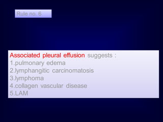 Rule no. 6

Associated pleural effusion suggests :
1.pulmonary edema
2.lymphangitic carcinomatosis
3.lymphoma
4.collagen vascular disease
5.LAM

 