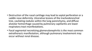 • Destruction of the nasal cartilage may lead to septal perforation or a
saddle nose deformity. Ulcerative lesions of the tracheobronchial
tree, cavitating nodules within the lung parenchyma, and diffuse
alveolar hemorrhage caused by pulmonary capillaritis are lower
respiratory tract manifestations.
• Focal segmental necrotizing glomerulonephritis is the most common
extrathoracic manifestation, although pulmonary involvement may
occur without renal disease.
 