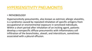HYPERSENSITIVITY PNEUMONITIS
• PATHOBIOLOGY
Hypersensitivity pneumonitis, also known as extrinsic allergic alveolitis,
is a syndrome caused by repeated inhalation of specific antigens from
occupational or environmental exposure in sensitized individuals.
Within a short period after inhalation of an inciting agent, patients
develop a nonspecific diffuse pneumonitis with inflammatory cell
infiltration of the bronchioles, alveoli, and interstitium, sometimes
associated with a pleural effusion.
 