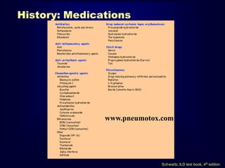 www.pneumotox.com
History: Medications
Schwartz, ILD text book, 4th edition
 