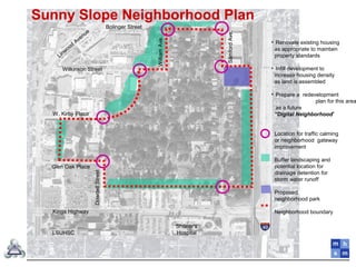 Wilkinson Street
Kings Highway
Shriner’s
Hospital
Linwood
Avenue
LSUHSC SamfordAve.
Sunny Slope Neighborhood Plan
Bolinger Street
DowdellStreet
• Renovate existing housing
as appropriate to maintain
property standards
• Infill development to
increase housing density
as land is assembled
• Prepare a redevelopment
plan for this area
as a future
“Digital Neighborhood”
Location for traffic calming
or neighborhood gateway
improvement
Buffer landscaping and
potential location for
drainage detention for
storm water runoff
Proposed
neighborhood park
Neighborhood boundary
W. Kirby Place
Glen Oak Place
WilliamAve.
 