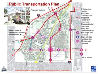 •Existing bus
routes
•Proposed
shuttle routes
•Proposed
cross-town
bus route
•Proposed initial
bus route
•Long term
light rail to CBD
•Bus stops and
shelters
•Light rail stop
and bus stop
•Mini transfer
terminal
Green space &
pedestrian pathway
development
Public Transportation Plan
Custom bus shelters are an element of defining InterTech as a Science Park
Proposed shelters
Kings Highway
Claiborne
Highway 80
Linwood
Dalzell
SouthernAvenue
Mansfield
Mall St. Vincent
 