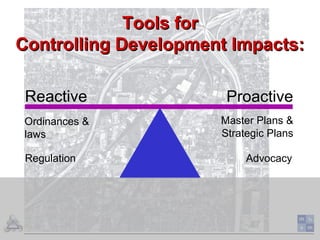 Tools forTools for
Controlling Development Impacts:Controlling Development Impacts:
Reactive Proactive
Ordinances &
laws
Regulation Advocacy
Master Plans &
Strategic Plans
 