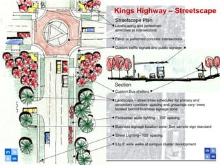 Section
Streetscape Plan
Custom Bus shelters
Landscape – street trees scheduled for primary and
secondary corridors- spacing and groupings vary- trees
located behind business signage zone
Pedestrian scale lighting – 150’ spacing
Business signage location zone- See sample sign standard
Street Lighting– 150‘ spacing
5 to 6’ wide walks at campus cluster development
Landscaping and pedestrian
amenities at intersections
Paver or patterned concrete intersections
Custom traffic signals and public signage
m
m
s
h
Kings Highway – Streetscape
 